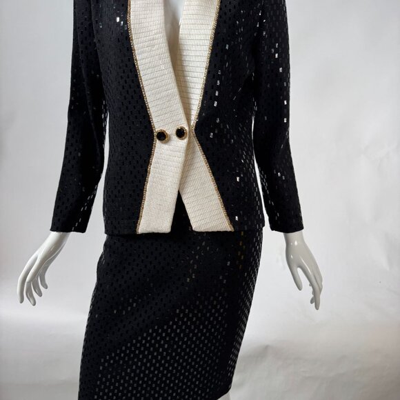 St John Vintage Black & White Sequin Jacket & Skirt Set Size 2 USA-Made Elegant - Picture 11 of 16